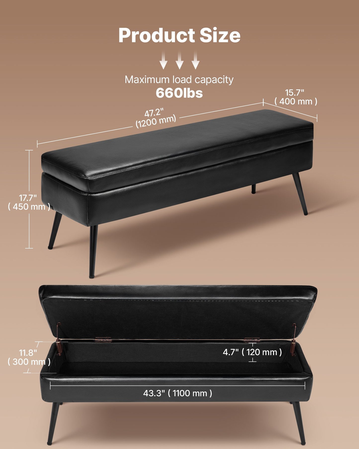 Black PU Leather Storage Ottoman Bench with Metal Legs – Modern Shoe Bench for Entryway, Upholstered End-of-Bed Seat with Hidden Storage, 660 lb Capacity