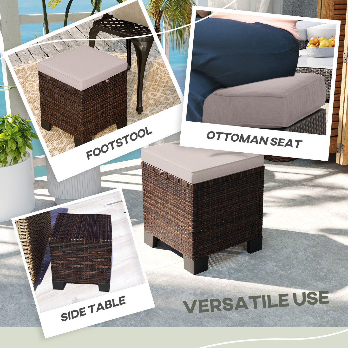 2-Piece Wicker Outdoor Ottoman Set with Cushions - Patio Footrest & Side Table