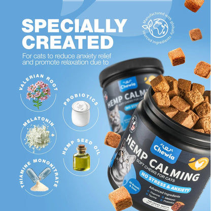 Cat Calming Treats Hemp Calming Care For Cats Cat Melatonin Soft Chews With Hemp Seed Oil And Probiotics Cat Anxiety Relief Storms Travel Grooming Separation Calming Chews For Cats - PulsePrime