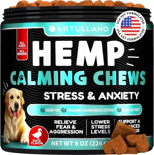 Hemp Calming Chews for Dogs – Anxiety Relief & Joint Support with Hemp Oil, Turmeric, Valerian & Ginger – 120 Treats