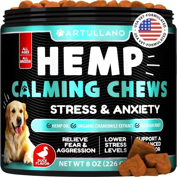 Hemp Calming Chews for Dogs – Anxiety Relief & Joint Support with Hemp Oil, Turmeric, Valerian & Ginger – 120 Treats