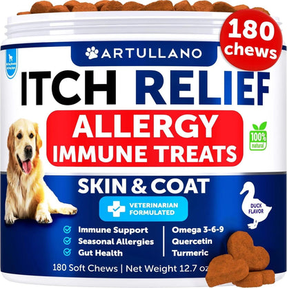 Dog Allergy Relief Chews – Itch & Skin Support with Fish Oil, 180 Soft Treats