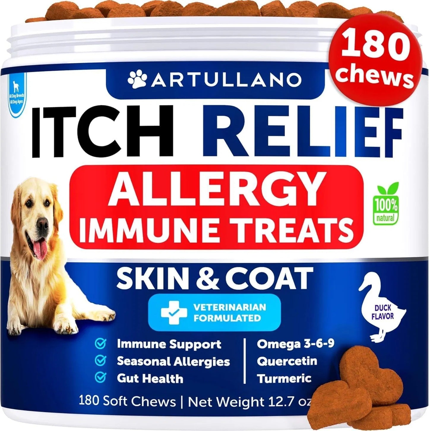Dog Allergy Relief Chews – Itch & Skin Support with Fish Oil, 180 Soft Treats