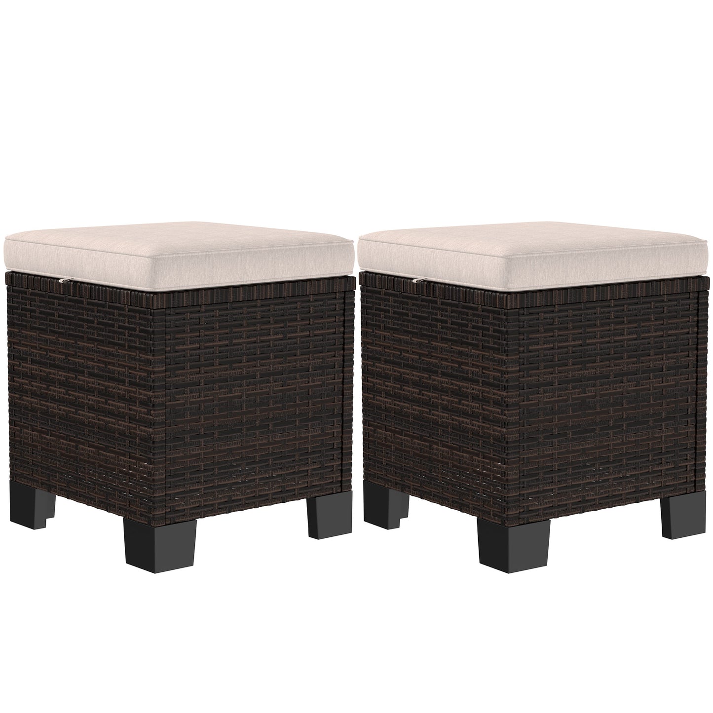 2-Piece Cream Wicker Ottoman Set with Cushions – Patio Footrest & Side Table