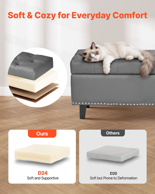 Gray Button-Tufted Storage Ottoman Bench – Hidden Compartment Shoe Bench for Entryway & Bedroom