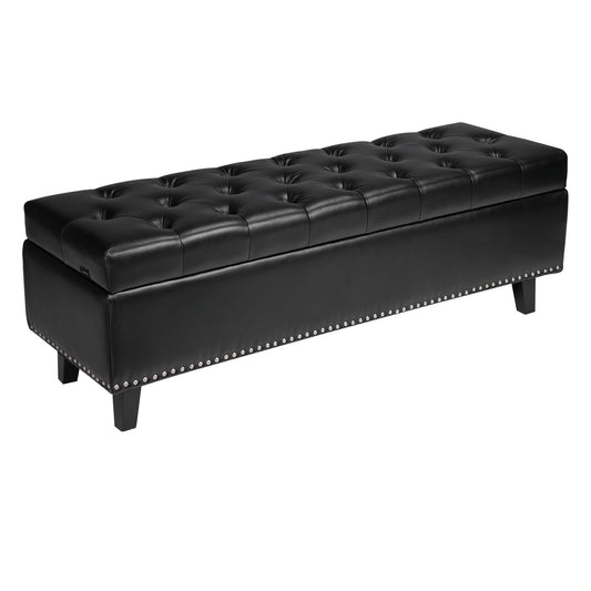 Black Button-Tufted Storage Ottoman Bench – Hidden Compartment Shoe Bench for Entryway & Bedroom