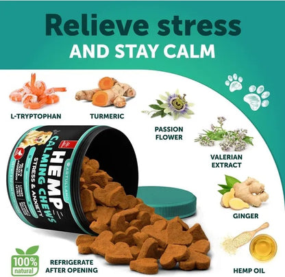 Hemp Calming Chews for Dogs – Anxiety Relief & Joint Support with Hemp Oil, Turmeric, Valerian & Ginger – 120 Treats