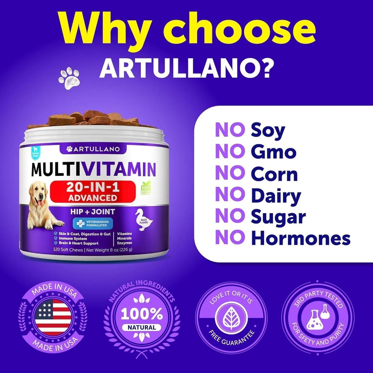 Artullano 20-in-1 Dog Multivitamin Chews – Glucosamine, Joint & Immune Support for Puppies & Seniors