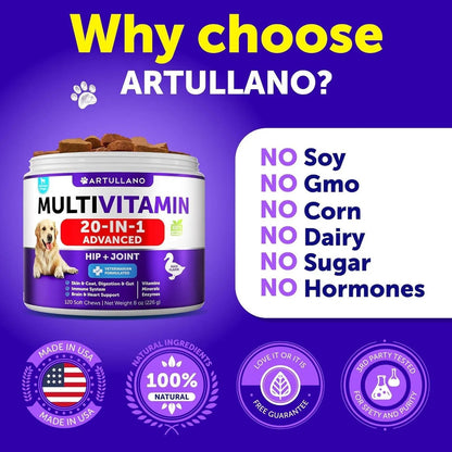 Artullano 20-in-1 Dog Multivitamin Chews – Glucosamine, Joint & Immune Support for Puppies & Seniors