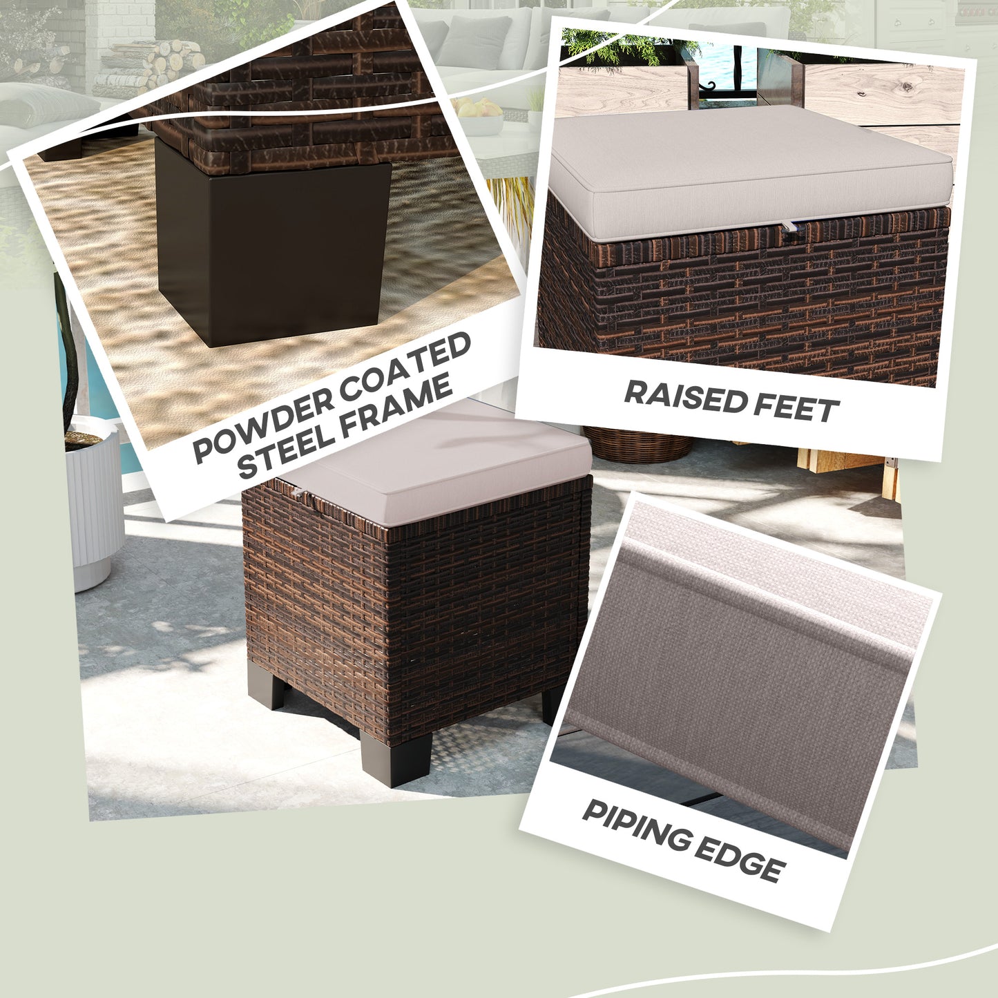 2-Piece Cream Wicker Ottoman Set with Cushions – Patio Footrest & Side Table