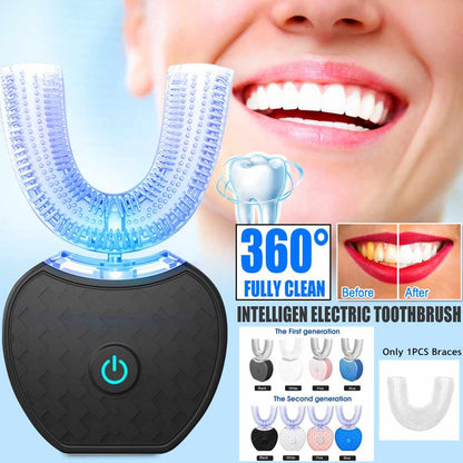 360° Smart Electric U-Type Toothbrush – Automatic Whitening Blue Light, USB Rechargeable & Waterproof - PulsePrime