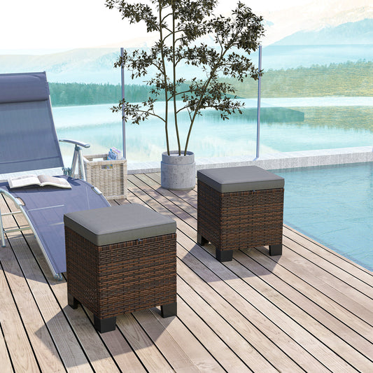 2-Piece Gray Outdoor Wicker Ottoman Set with Cushions - Rattan Footrest & Side Table for Patio, Poolside, Garden