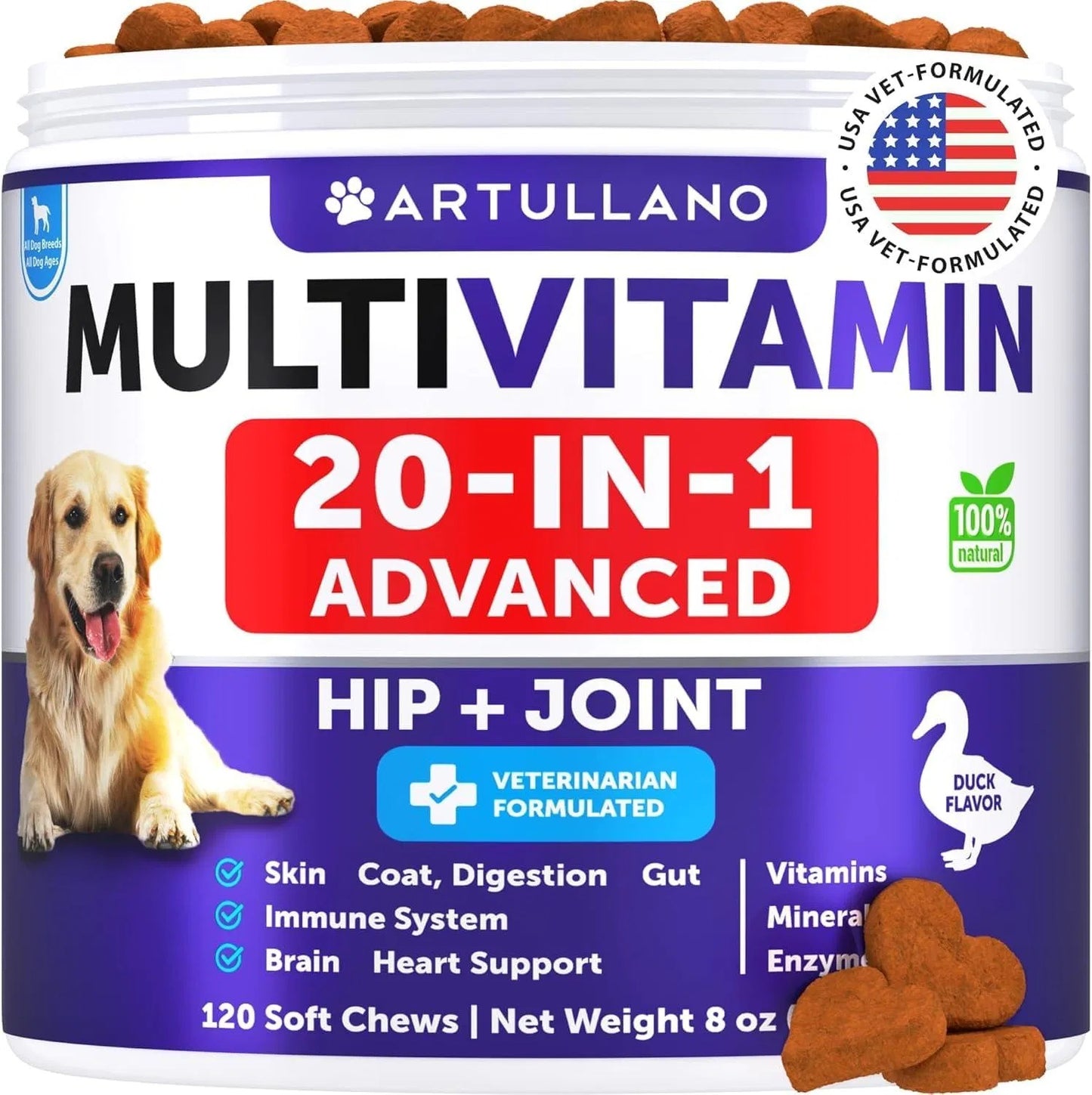 Artullano 20-in-1 Dog Multivitamin Chews – Glucosamine, Joint & Immune Support for Puppies & Seniors