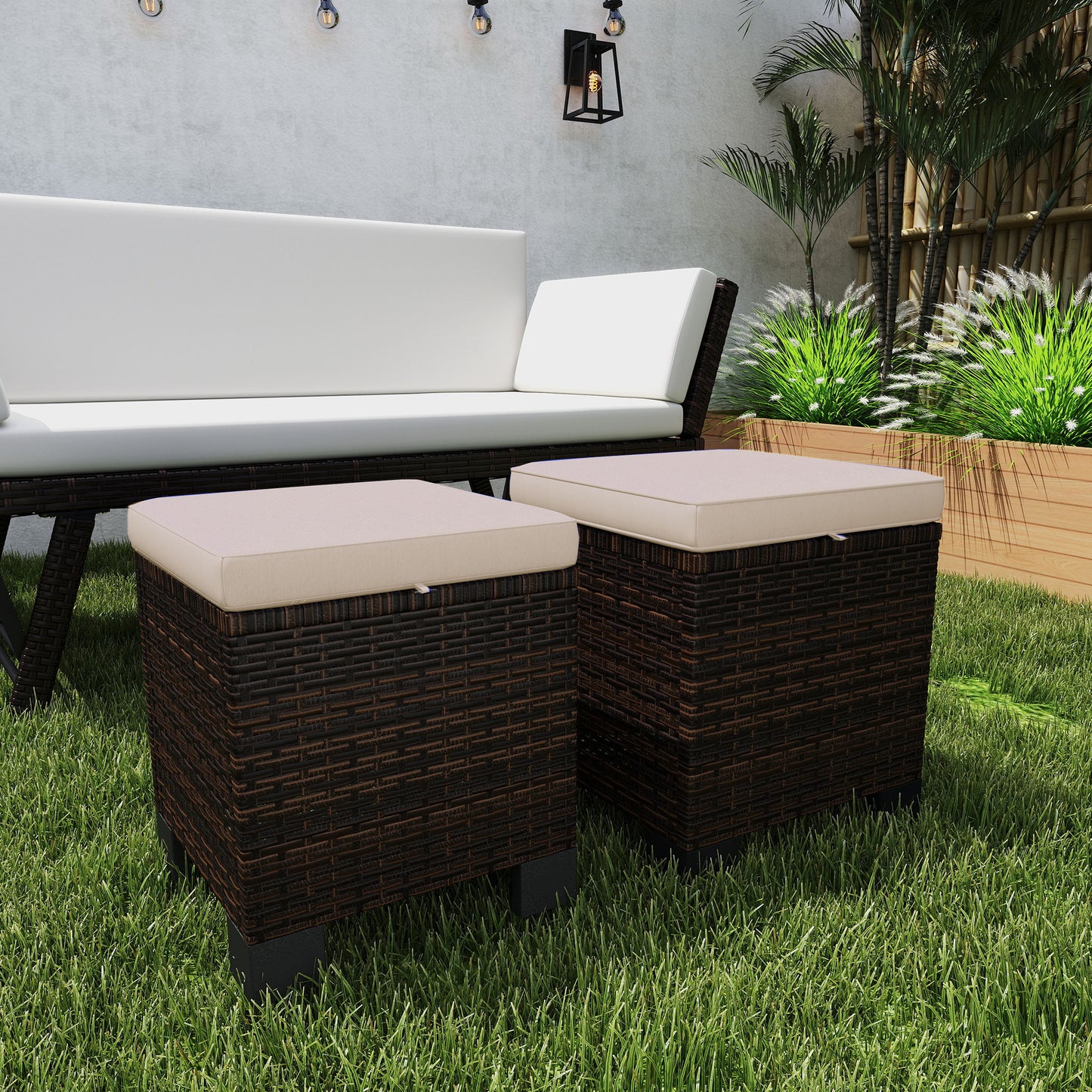 2-Piece Cream Wicker Ottoman Set with Cushions – Patio Footrest & Side Table