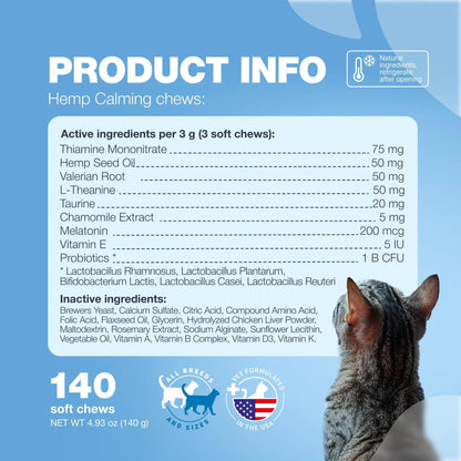 Cat Calming Treats Hemp Calming Care For Cats Cat Melatonin Soft Chews With Hemp Seed Oil And Probiotics Cat Anxiety Relief Storms Travel Grooming Separation Calming Chews For Cats - PulsePrime